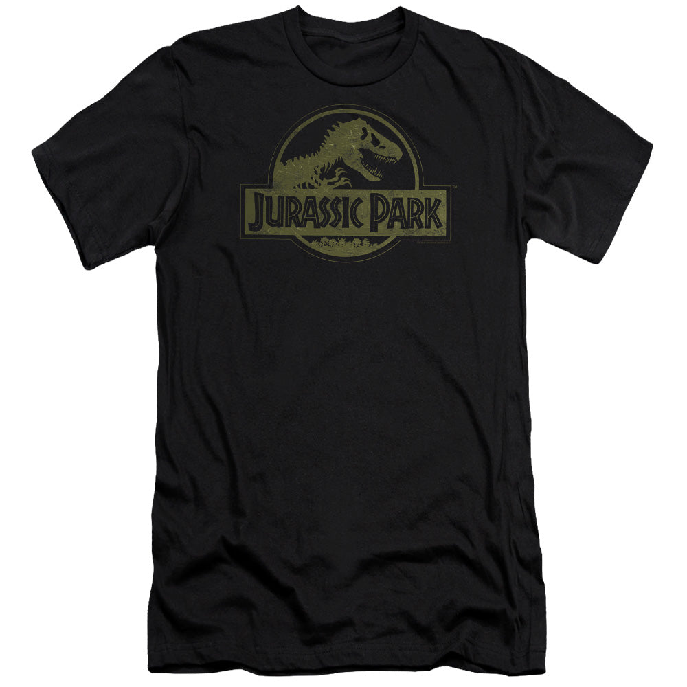 AN OFFCIALLY LICENSED JURASSIC PARK DISTRESSED LOGO MEN'S PREMIUM SLIM FIT T-SHIRT BLACK