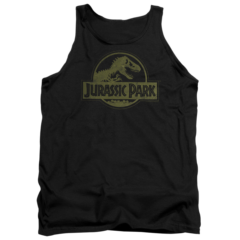 AN OFFCIALLY LICENSED JURASSIC PARK DISTRESSED LOGO ADULT UNISEX TANK TOP BLACK