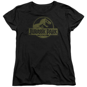 AN OFFCIALLY LICENSED JURASSIC PARK DISTRESSED LOGO WOMEN'S REGULAR FIT T-SHIRT BLACK
