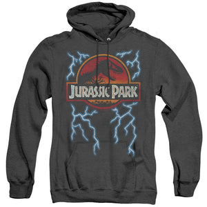 AN OFFCIALLY LICENSED JURASSIC PARK LIGHTNING LOGO ADULT UNISEX HEATHER PULLOVER HOODIE BLACK