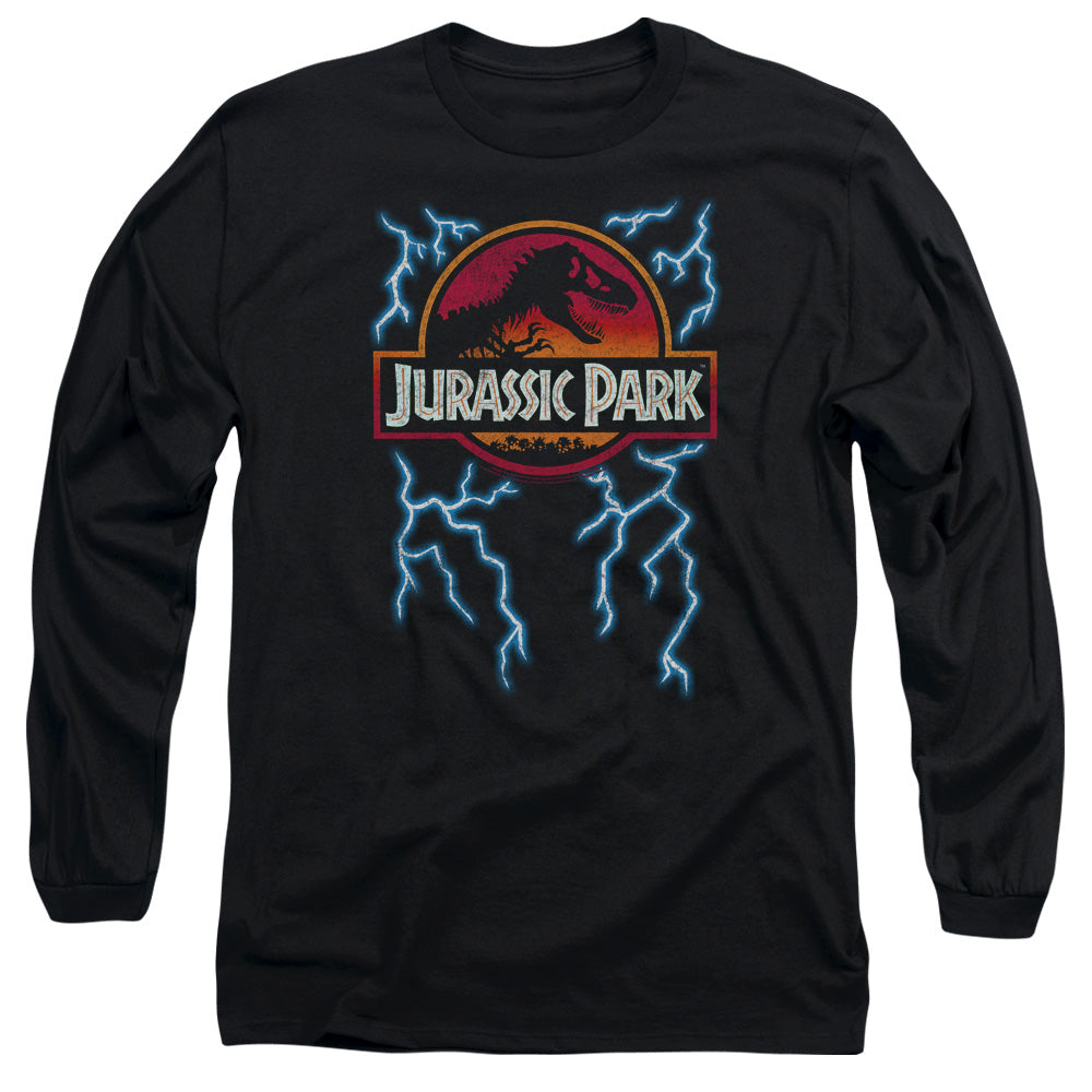 AN OFFCIALLY LICENSED JURASSIC PARK LIGHTNING LOGO MEN'S LONG SLEEVE T-SHIRT BLACK