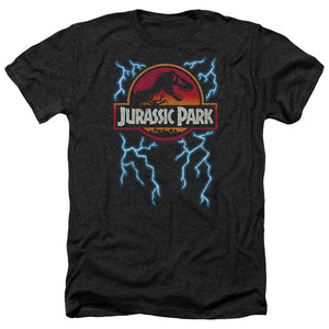 AN OFFCIALLY LICENSED JURASSIC PARK LIGHTNING LOGO MEN'S HEATHER T-SHIRT CHARCOAL