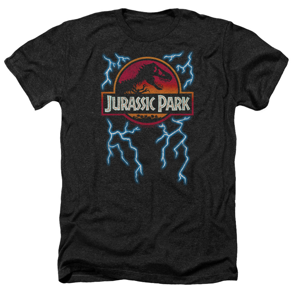 AN OFFCIALLY LICENSED JURASSIC PARK LIGHTNING LOGO MEN'S HEATHER T-SHIRT CHARCOAL