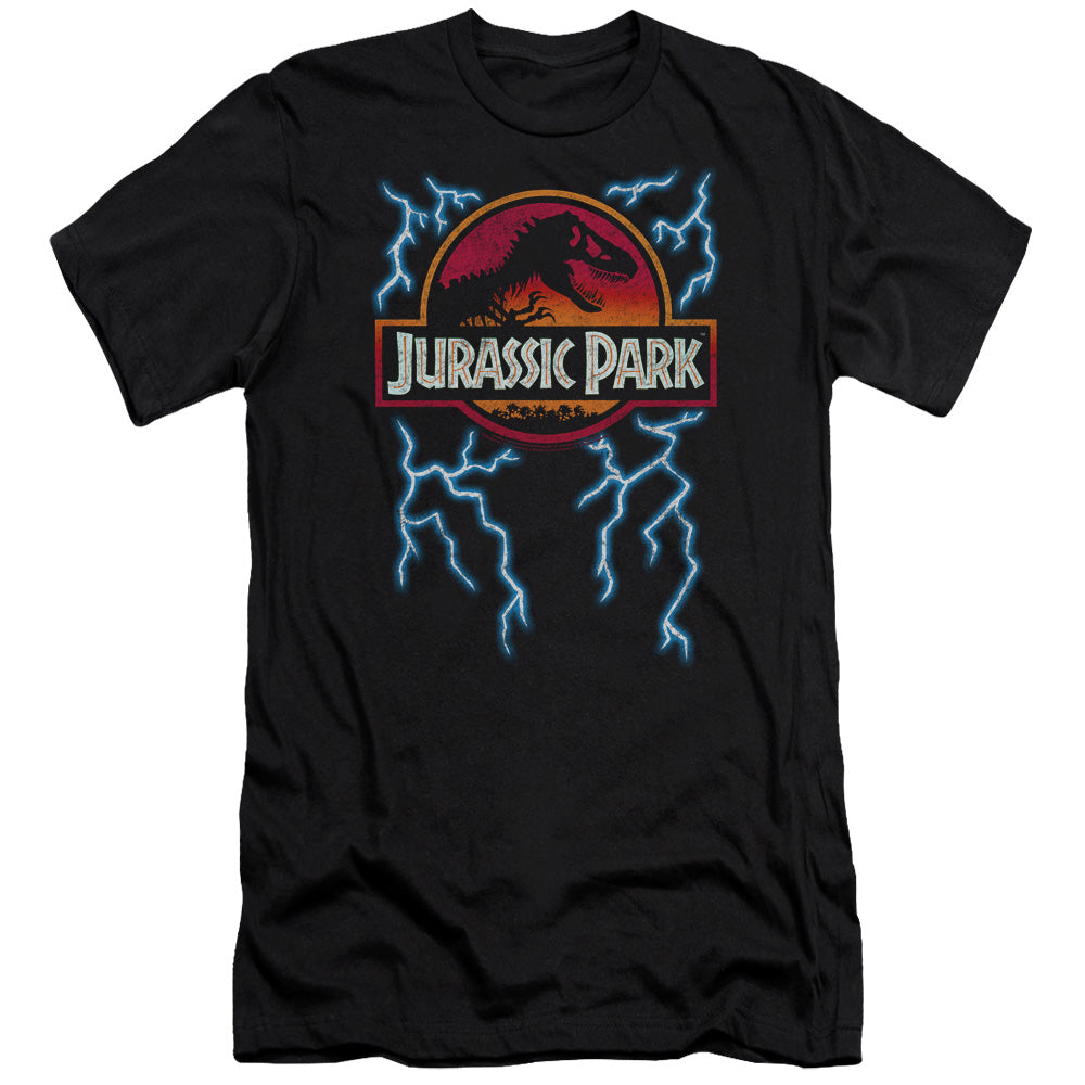 AN OFFCIALLY LICENSED JURASSIC PARK LIGHTNING LOGO MEN'S PREMIUM SLIM FIT T-SHIRT BLACK