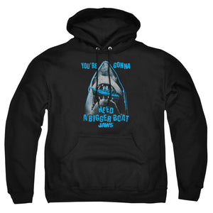AN OFFCIALLY LICENSED JAWS BOAT IN MOUTH ADULT UNISEX PULLOVER HOODIE BLACK