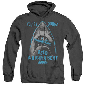 AN OFFCIALLY LICENSED JAWS BOAT IN MOUTH ADULT UNISEX HEATHER PULLOVER HOODIE BLACK