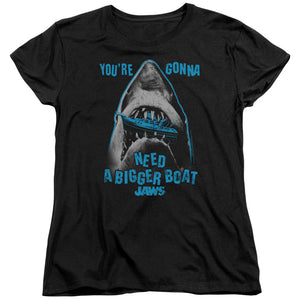 AN OFFCIALLY LICENSED JAWS BOAT IN MOUTH WOMEN'S REGULAR FIT T-SHIRT BLACK