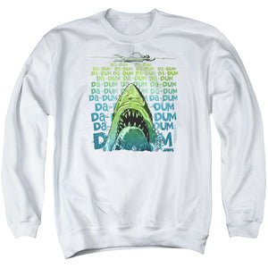 AN OFFCIALLY LICENSED JAWS DA DUM ADULT UNISEX CREWNECK SWEATSHIRT WHITE
