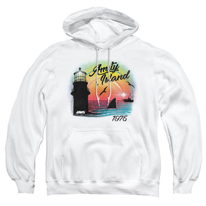 AN OFFCIALLY LICENSED JAWS AMITY ISLAND ADULT UNISEX PULLOVER HOODIE WHITE