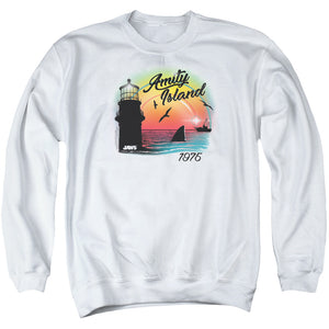 AN OFFCIALLY LICENSED JAWS AMITY ISLAND ADULT UNISEX CREWNECK SWEATSHIRT WHITE