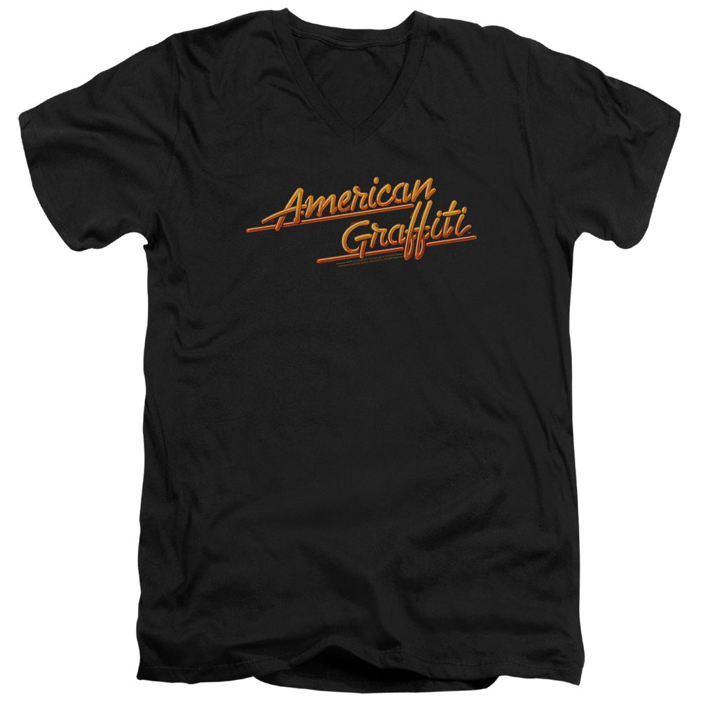 AN OFFCIALLY LICENSED AMERICAN GRAFFITI NEON LOGO MEN'S V-NECK T-SHIRT BLACK