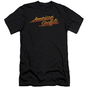 AN OFFCIALLY LICENSED AMERICAN GRAFFITI NEON LOGO MEN'S PREMIUM SLIM FIT T-SHIRT BLACK