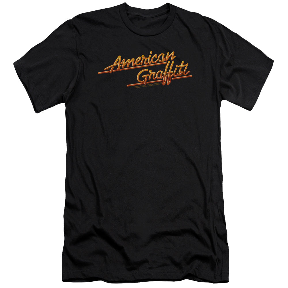 AN OFFCIALLY LICENSED AMERICAN GRAFFITI NEON LOGO MEN'S PREMIUM SLIM FIT T-SHIRT BLACK