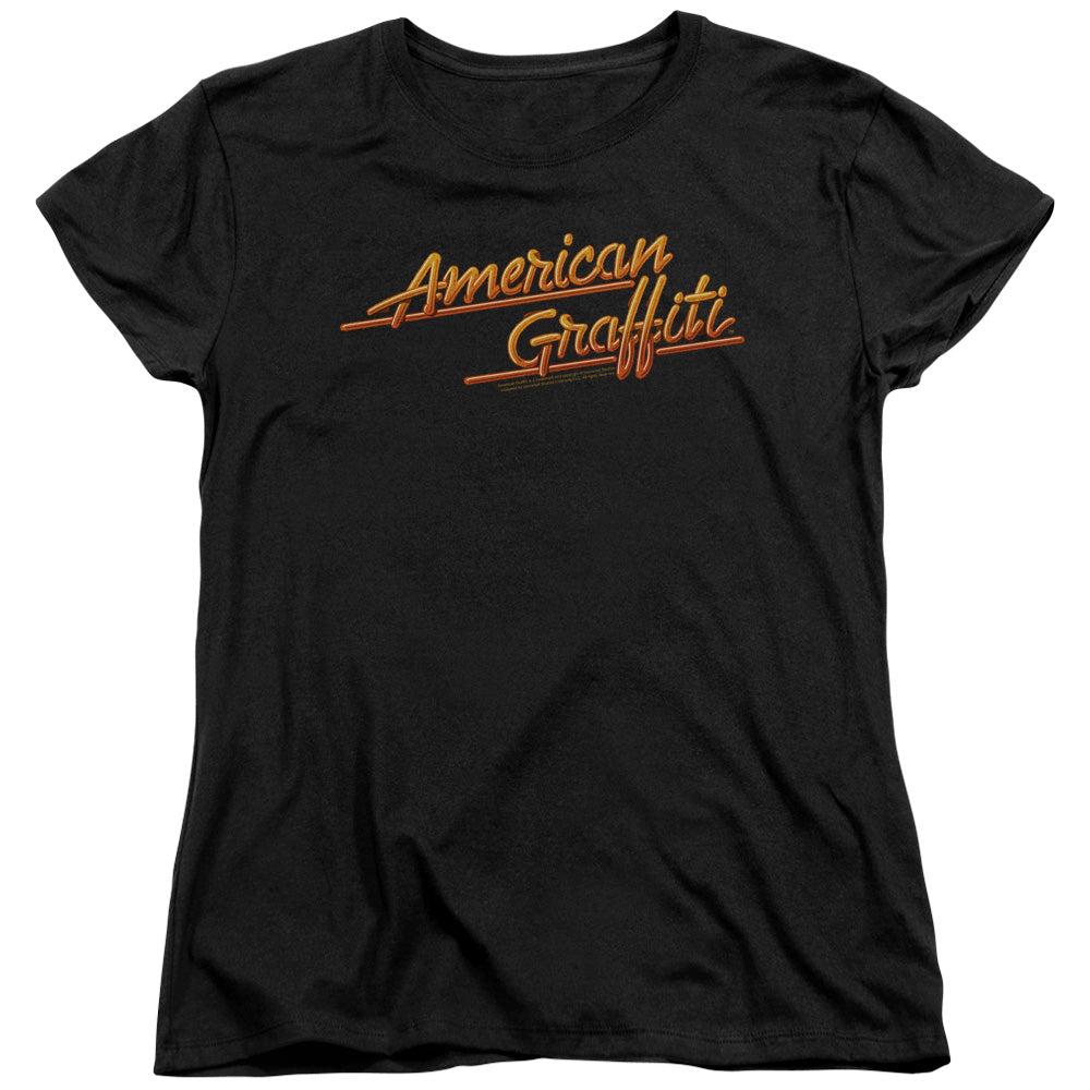 AN OFFCIALLY LICENSED AMERICAN GRAFFITI NEON LOGO WOMEN'S REGULAR FIT T-SHIRT BLACK