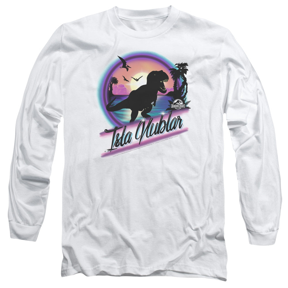 AN OFFCIALLY LICENSED JURASSIC PARK PREHISTORIC WALK MEN'S LONG SLEEVE T-SHIRT WHITE