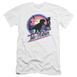 AN OFFCIALLY LICENSED JURASSIC PARK PREHISTORIC WALK MEN'S PREMIUM SLIM FIT T-SHIRT WHITE