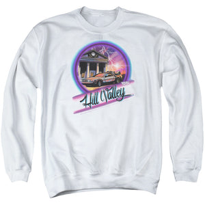 AN OFFCIALLY LICENSED BACK TO THE FUTURE RIDE ADULT UNISEX CREWNECK SWEATSHIRT WHITE