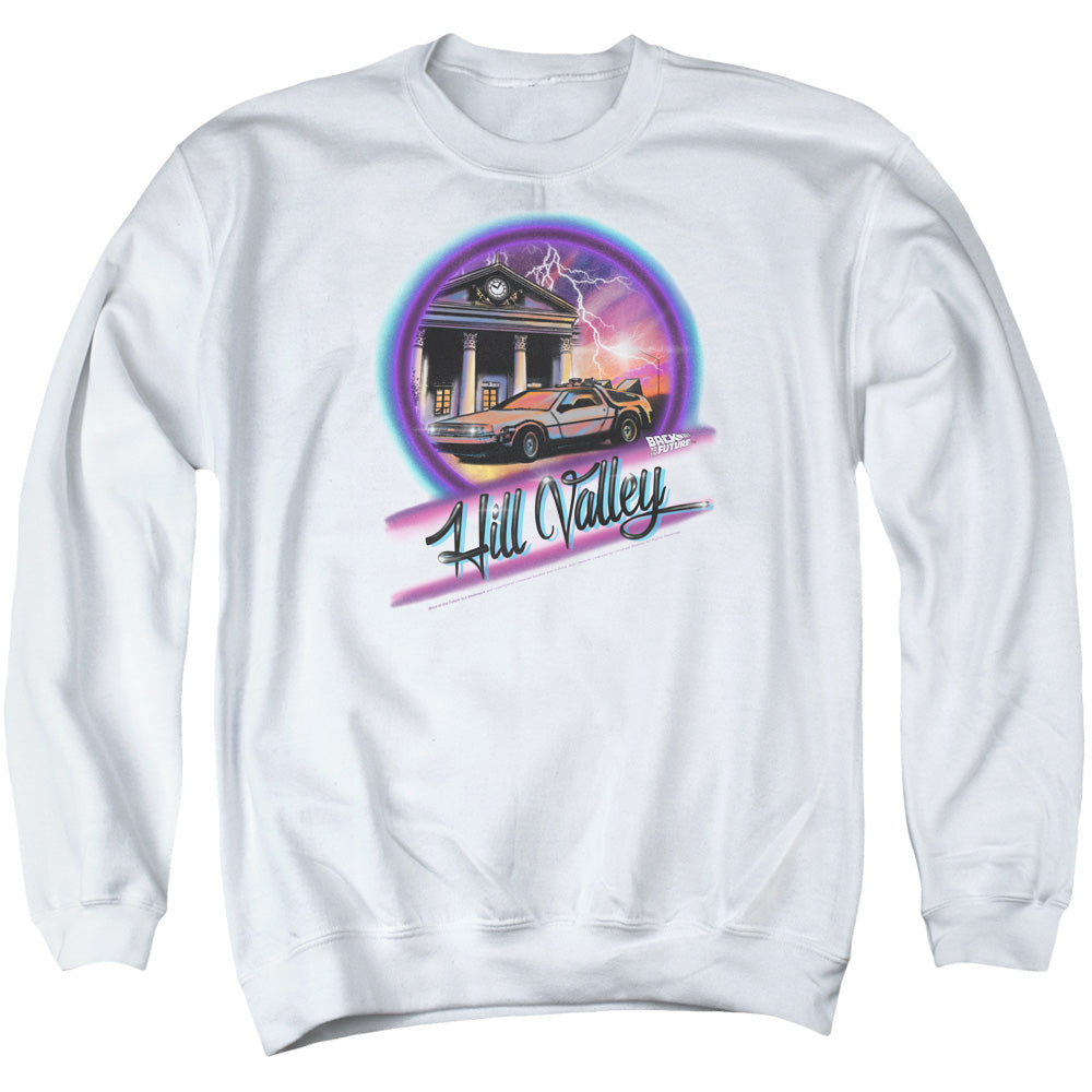 AN OFFCIALLY LICENSED BACK TO THE FUTURE RIDE ADULT UNISEX CREWNECK SWEATSHIRT WHITE