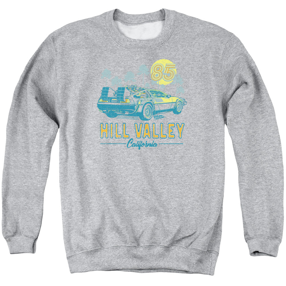 AN OFFCIALLY LICENSED BACK TO THE FUTURE 85 ADULT UNISEX CREWNECK SWEATSHIRT ATHLETIC HEATHER