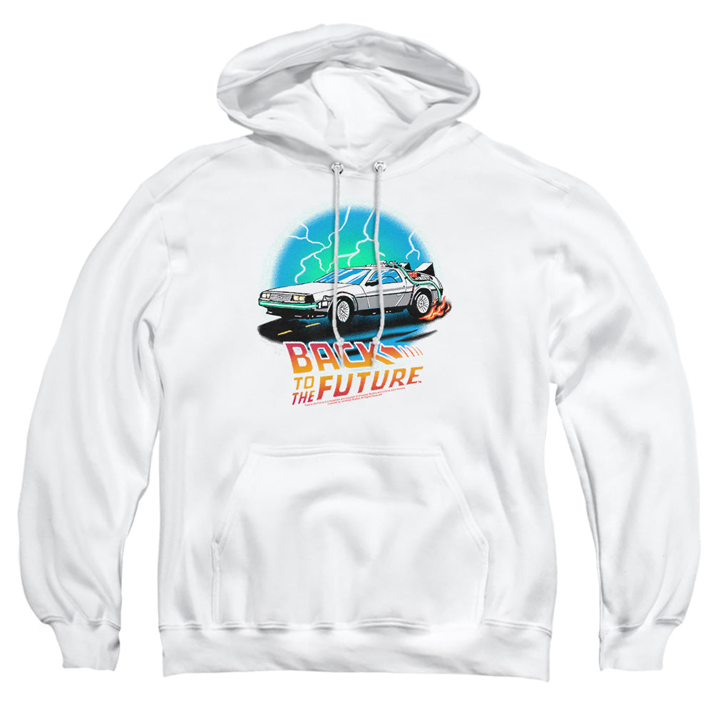 AN OFFCIALLY LICENSED BACK TO THE FUTURE BTTF AIRBRUSH ADULT UNISEX PULLOVER HOODIE WHITE