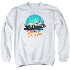 AN OFFCIALLY LICENSED BACK TO THE FUTURE BTTF AIRBRUSH ADULT UNISEX CREWNECK SWEATSHIRT WHITE