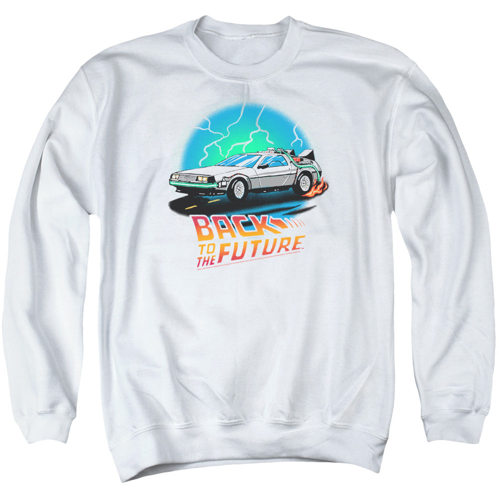 AN OFFCIALLY LICENSED BACK TO THE FUTURE BTTF AIRBRUSH ADULT UNISEX CREWNECK SWEATSHIRT WHITE