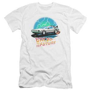 AN OFFCIALLY LICENSED BACK TO THE FUTURE BTTF AIRBRUSH MEN'S PREMIUM SLIM FIT T-SHIRT WHITE