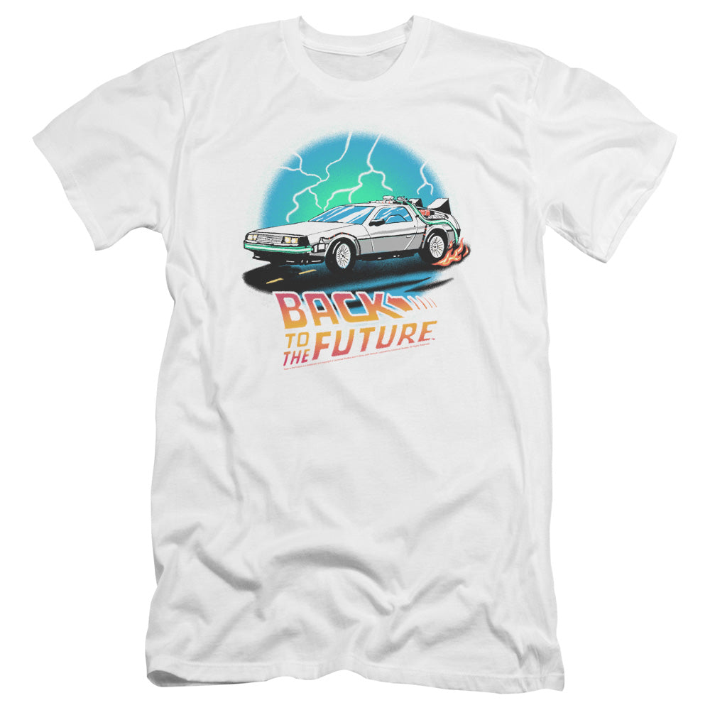 AN OFFCIALLY LICENSED BACK TO THE FUTURE BTTF AIRBRUSH MEN'S PREMIUM SLIM FIT T-SHIRT WHITE
