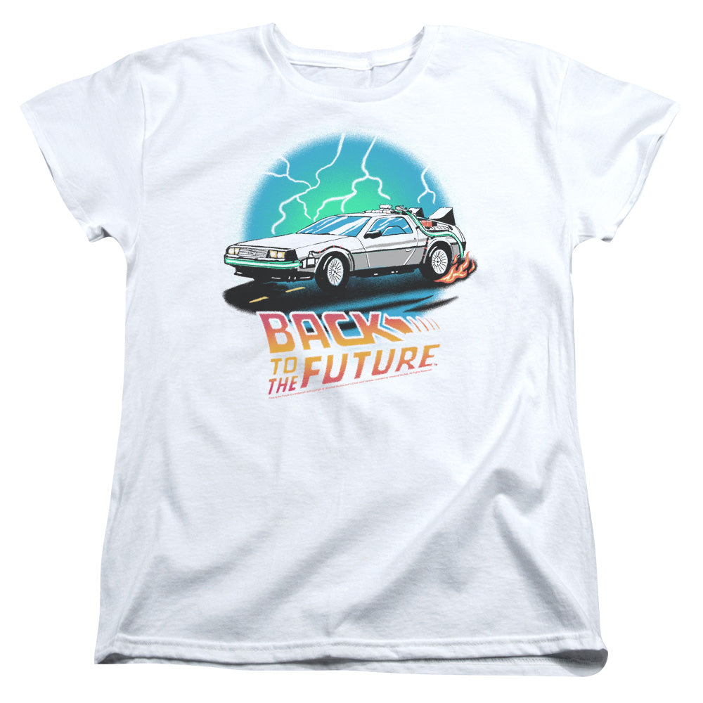 AN OFFCIALLY LICENSED BACK TO THE FUTURE BTTF AIRBRUSH WOMEN'S REGULAR FIT T-SHIRT WHITE