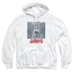 AN OFFCIALLY LICENSED JAWS DISTRESSED JAWS ADULT UNISEX PULLOVER HOODIE WHITE