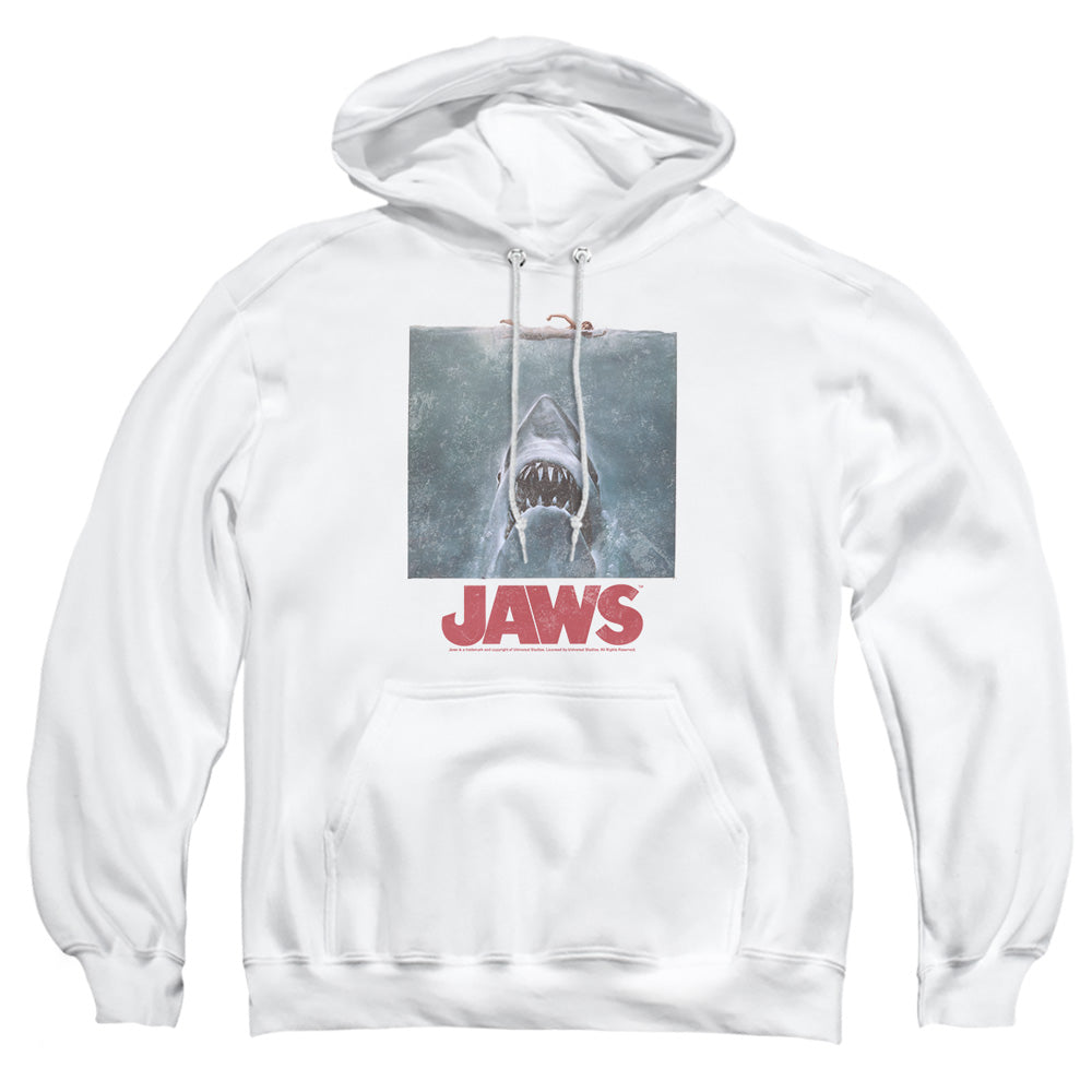 AN OFFCIALLY LICENSED JAWS DISTRESSED JAWS ADULT UNISEX PULLOVER HOODIE WHITE