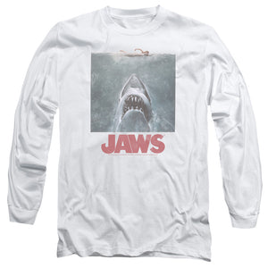AN OFFCIALLY LICENSED JAWS DISTRESSED JAWS MEN'S LONG SLEEVE T-SHIRT WHITE