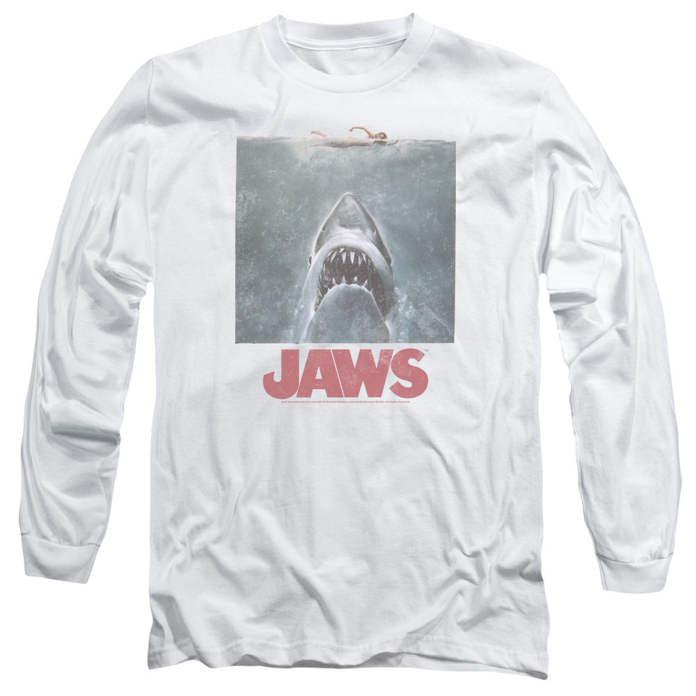 AN OFFCIALLY LICENSED JAWS DISTRESSED JAWS MEN'S LONG SLEEVE T-SHIRT WHITE