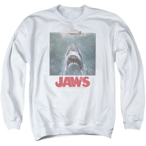 AN OFFCIALLY LICENSED JAWS DISTRESSED JAWS ADULT UNISEX CREWNECK SWEATSHIRT WHITE