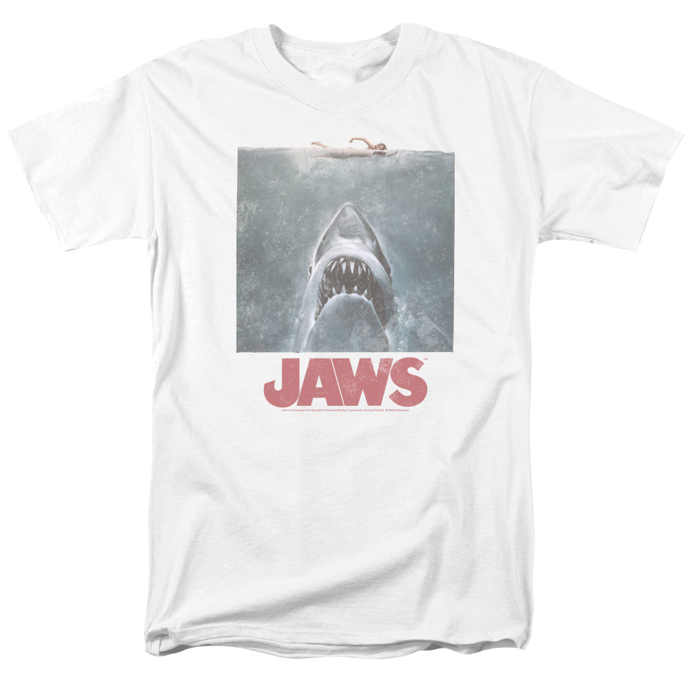 AN OFFCIALLY LICENSED JAWS DISTRESSED JAWS MEN'S REGULAR FIT T-SHIRT WHITE