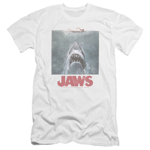 AN OFFCIALLY LICENSED JAWS DISTRESSED JAWS MEN'S PREMIUM SLIM FIT T-SHIRT WHITE