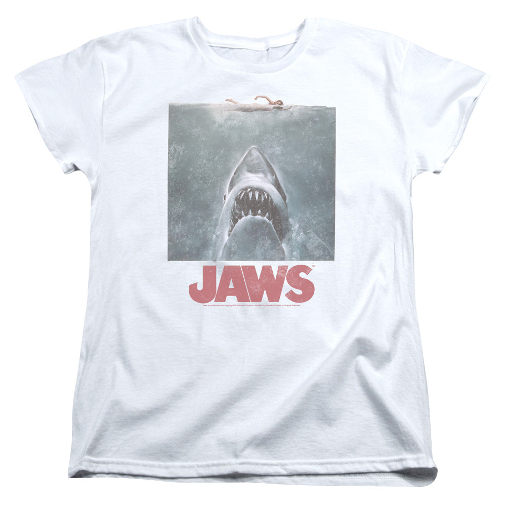 AN OFFCIALLY LICENSED JAWS DISTRESSED JAWS WOMEN'S REGULAR FIT T-SHIRT WHITE