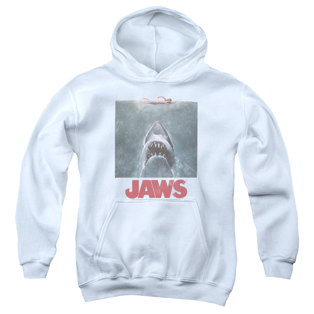 AN OFFCIALLY LICENSED JAWS DISTRESSED JAWS YOUTH HOODIE WHITE