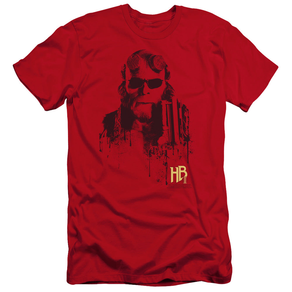 AN OFFCIALLY LICENSED HELLBOY II SPLATTER GUN MEN'S PREMIUM SLIM FIT T-SHIRT RED