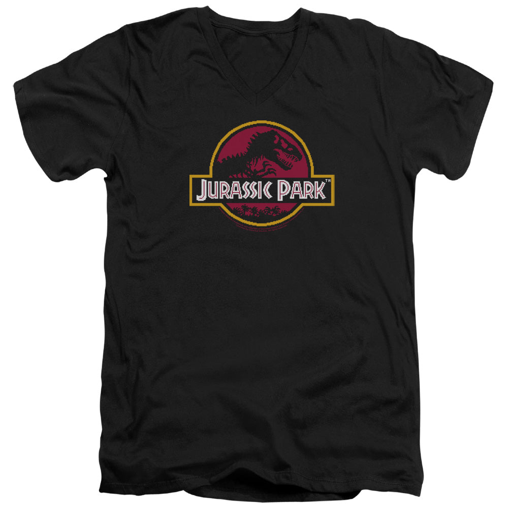 AN OFFCIALLY LICENSED JURASSIC PARK 8-BIT LOGO MEN'S V-NECK T-SHIRT BLACK