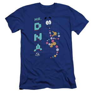 AN OFFCIALLY LICENSED JURASSIC PARK MR DNA MEN'S PREMIUM SLIM FIT T-SHIRT ROYAL