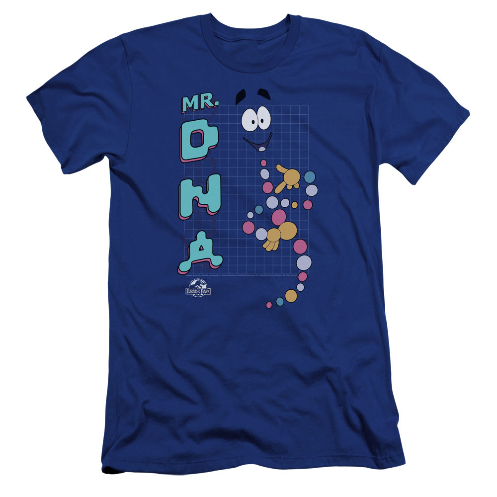 AN OFFCIALLY LICENSED JURASSIC PARK MR DNA MEN'S PREMIUM SLIM FIT T-SHIRT ROYAL