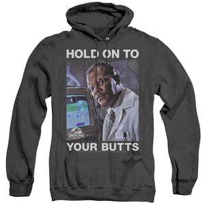 AN OFFCIALLY LICENSED JURASSIC PARK HOLD ONTO ADULT UNISEX HEATHER PULLOVER HOODIE BLACK