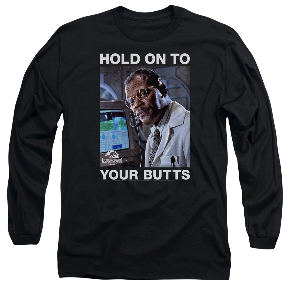 AN OFFCIALLY LICENSED JURASSIC PARK HOLD ONTO MEN'S LONG SLEEVE T-SHIRT BLACK
