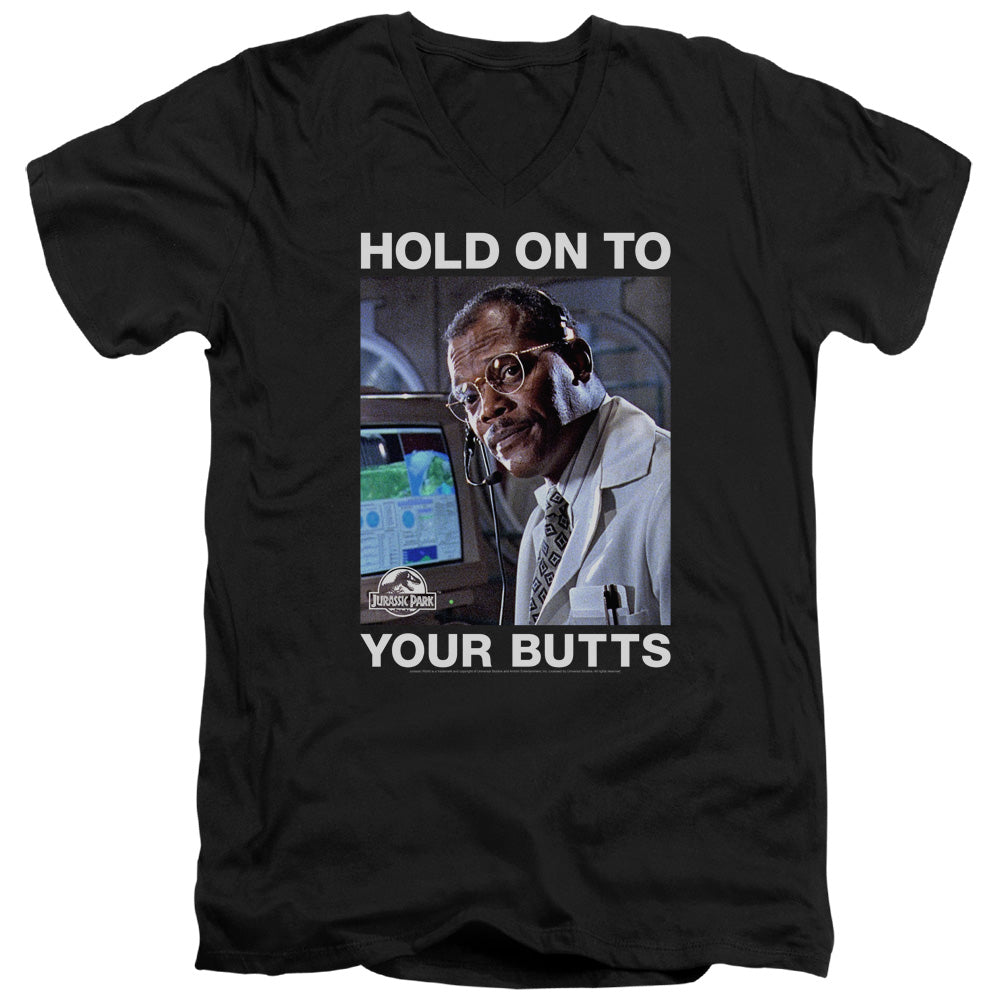 AN OFFCIALLY LICENSED JURASSIC PARK HOLD ONTO MEN'S V-NECK T-SHIRT BLACK