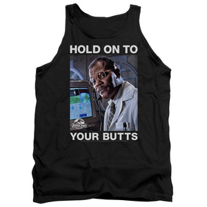 AN OFFCIALLY LICENSED JURASSIC PARK HOLD ONTO ADULT UNISEX TANK TOP BLACK