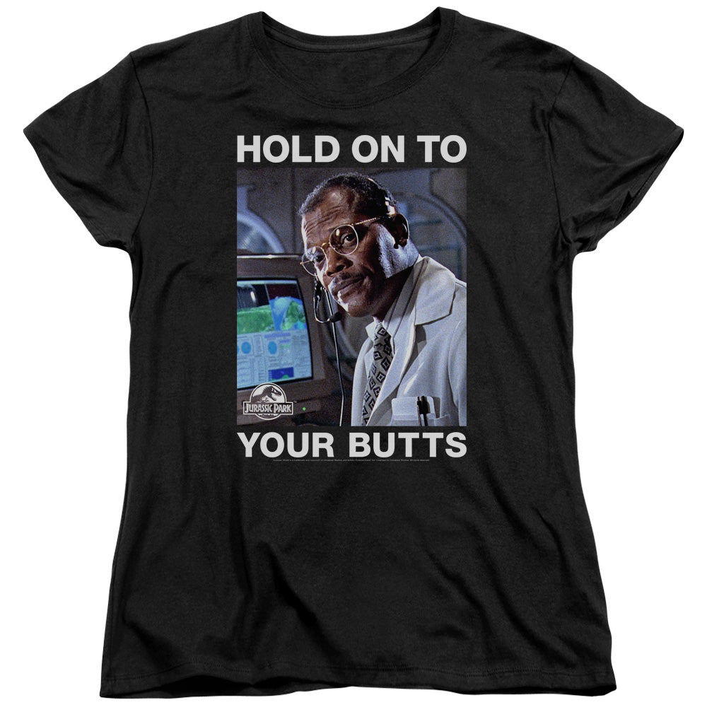 AN OFFCIALLY LICENSED JURASSIC PARK HOLD ONTO WOMEN'S REGULAR FIT T-SHIRT BLACK