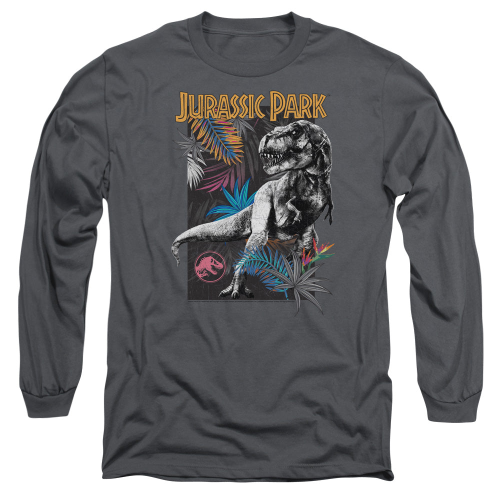 AN OFFCIALLY LICENSED JURASSIC PARK FOLIAGE MEN'S LONG SLEEVE T-SHIRT CHARCOAL
