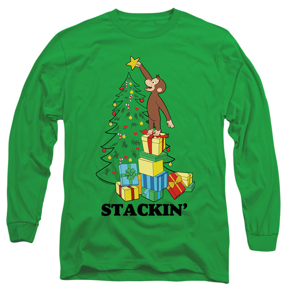 AN OFFCIALLY LICENSED CURIOUS GEORGE STACKIN MEN'S LONG SLEEVE T-SHIRT KELLY GREEN