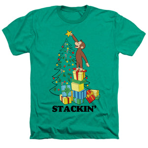AN OFFCIALLY LICENSED CURIOUS GEORGE STACKIN MEN'S HEATHER T-SHIRT KELLY GREEN